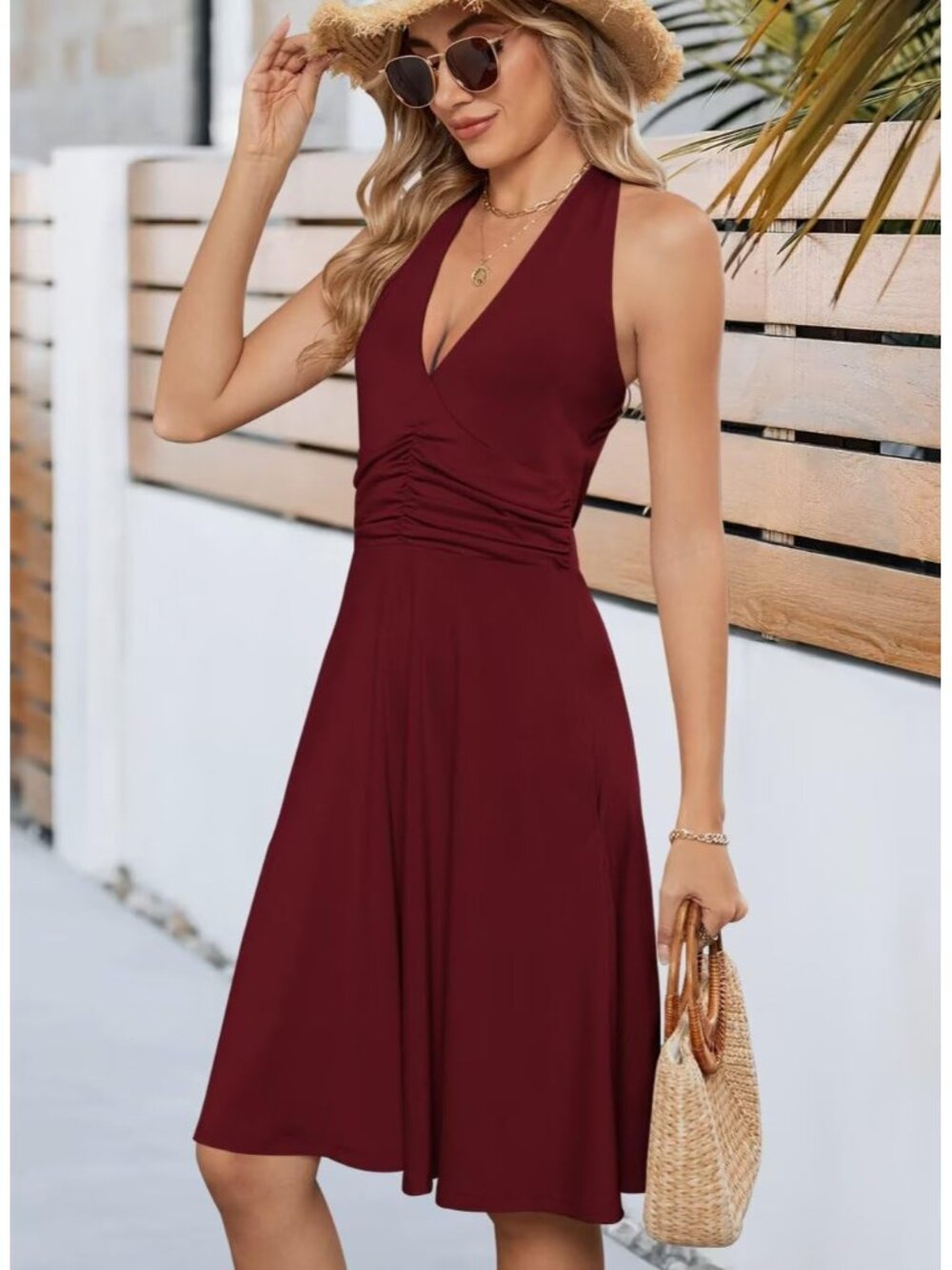 Women's Wine Red Sundress Summer Sleeveless Halter Neck Casual Beach Dress - Picture 2 of 6